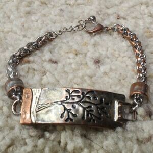 Mixed Metal Bracelet Tree Branch Etched ID Plate Boho 7-8" Silver Copper Tone